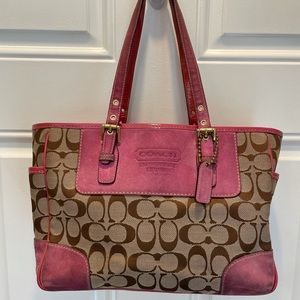 Coach pink & tan suede/patent signature tote